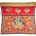 A Chinese silk embroidered pouch, late 19th century, the flap with three gold metal thread ho ho