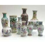 Eight Chinese porcelain vases and a Chinese famille rose brush pot, Republic period, height of