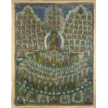 A Tibetan thangka, 19th century, painted on cloth, decorated with rows of deities surrounding the