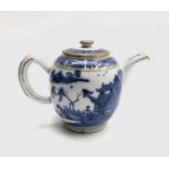 A Chinese blue and white export porcelain teapot, 18th century, decorated with a river scene and