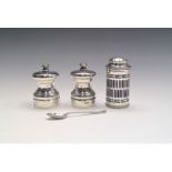 Two silver mounted small pepper mills and a Georgian silver pounce pot