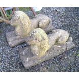 A pair of reconstituted stone garden lions cast in a recumbent pose. Width 70cm.Condition report: