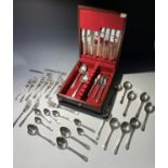 A modern silver canteen comprising six soup spoons, six desert spoons and forks, six table forks,