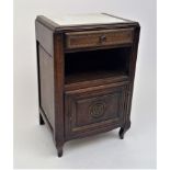 A French walnut marble topped bedside cupboard, fitted with a single drawer and door, height 75