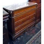 A French mahogany marble top chest, height 100cm, width 114cm, depth 52cm.