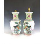 A pair of Chinese porcelain vases, 20th century, converted to lamps, height 36.5cm.