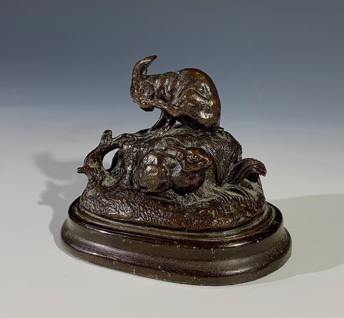 A bronze rabbit group on wooden base, and five other bronzed sculptures (6).Condition report: The