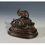 A bronze rabbit group on wooden base, and five other bronzed sculptures (6).Condition report: The