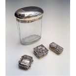 Three modern silver boxes and a silver mounted toilet jarCondition report: The jar is 10cm high