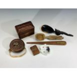 A teak letter opener from HMS Iron Duke, length 26cm, a treen spoon, a horn spoon and other items.