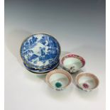 Three Chinese porcelain famille verte tea bowls and three blue and white saucer dishes.Condition