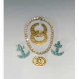 A pair of vintage 1980s aquamarine paste anchor earrings, a paste necklace and two pairs of