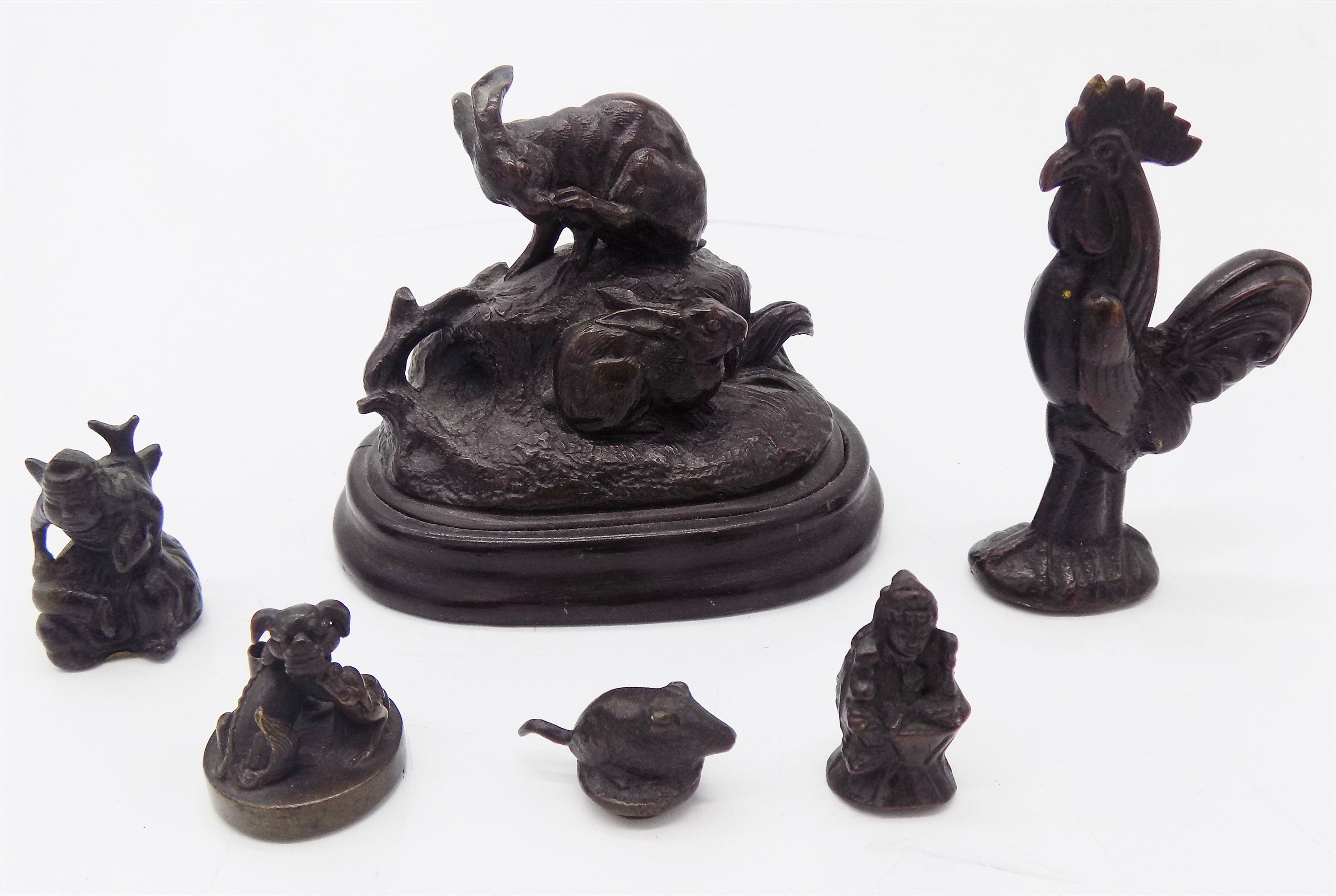 A bronze rabbit group on wooden base, and five other bronzed sculptures (6).Condition report: The - Image 5 of 5