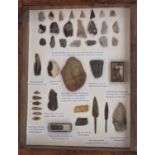 A collection of archaeological specimens, including many Cornish finds, cased. 45cm x 35cm overall.