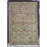 An 18th century needlework alphabet sampler bearing the motto 'Love Your Learning', worked by Mary