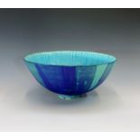 A large stoneware bowl with lapis blue and turquoise glaze. Height 15.5cm, diameter 34cm.Condition