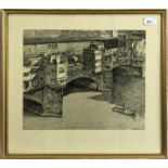 Filippo MARTORI SAVINI (1877-1952) Italian Bridge across a River Etching Signed in the plate 42 x
