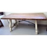 A Spanish farmhouse table, weith a rectangular elm top and painted base, height 74cm, width 179cm,