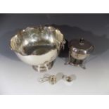 A silver plated punch bowl with lion mask handles and a silver plated egg coddler (2). Height 20.5cm