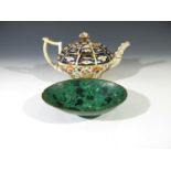 An early 19th century Derby teapot, painted marks to base, height 13cm, together with a malachite