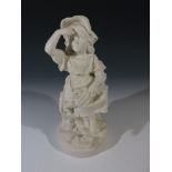 A late 19th century Parian figure, titled 'Wide Awake', modelled as a seated girl with flowers on