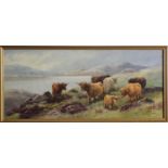 Tom ROWDEN (1842-1926) Highland Cattle Grazing Watercolour Signed 22 x 52cm