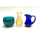 A Webb blue glass jug circa 1920, height 13cm, together with a yellow lustre vase and a green