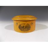 A 19th century Mauchline Ware cotton box, the lid decorated with an image of Chillingham Castle