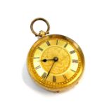An engraved 18ct gold cased keyless fob watch with open gold faceCondition report: 27.8gm. It