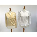 A 1980s Lumiere white crochet top with pearls, approximately size 12, together with a lemon coloured