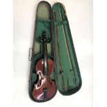 A cased violin, 13" two piece back, no interior label, with two associated bows.