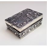 A silver snuff box, the lid decorated with a tavern scene, hallmarks to base, width 7.5cm.