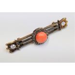 A Victorian gold Roman Revival coral and diamond bar brooch.Condition report: Diameter of both