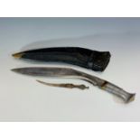 A Kukri with polished metal grip, etched blade and leather scabbard, 54cm and a small 19th century