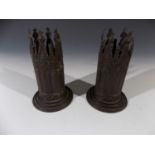 A pair of Days 'Birmingham Gothic' cast brass chimney ornaments modelled as Gothic towers, circa