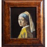 20th century, after Vermeer Girl with a Pearl Earring Oil on canvas 30 x 24.5cm In walnut veneered