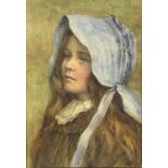 English School, 19th Century Portrait of a Girl Wearing a Blue Bonnet Watercolour Signed with