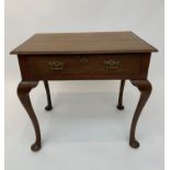 A George III oak side table, the top with fruitwood banding, with single drawer on cabriole legs,