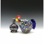 An art glass sculpture of a chicken, height 21.5cm, together with an art glass vase, height 17cm (