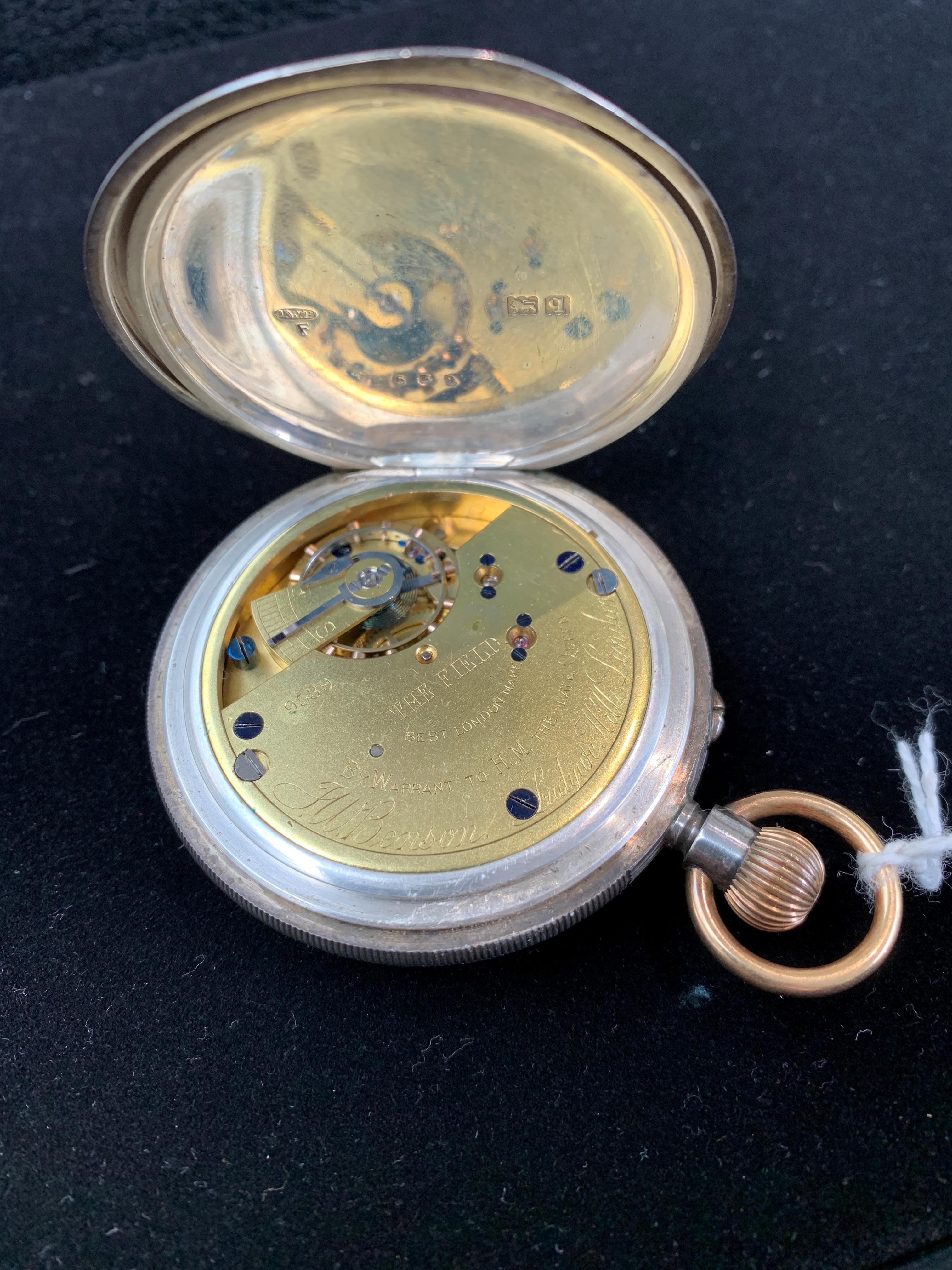 A gold and silver keyless pocket watch by Benson, 'The Field', in engine turned half hunter case - Image 5 of 5