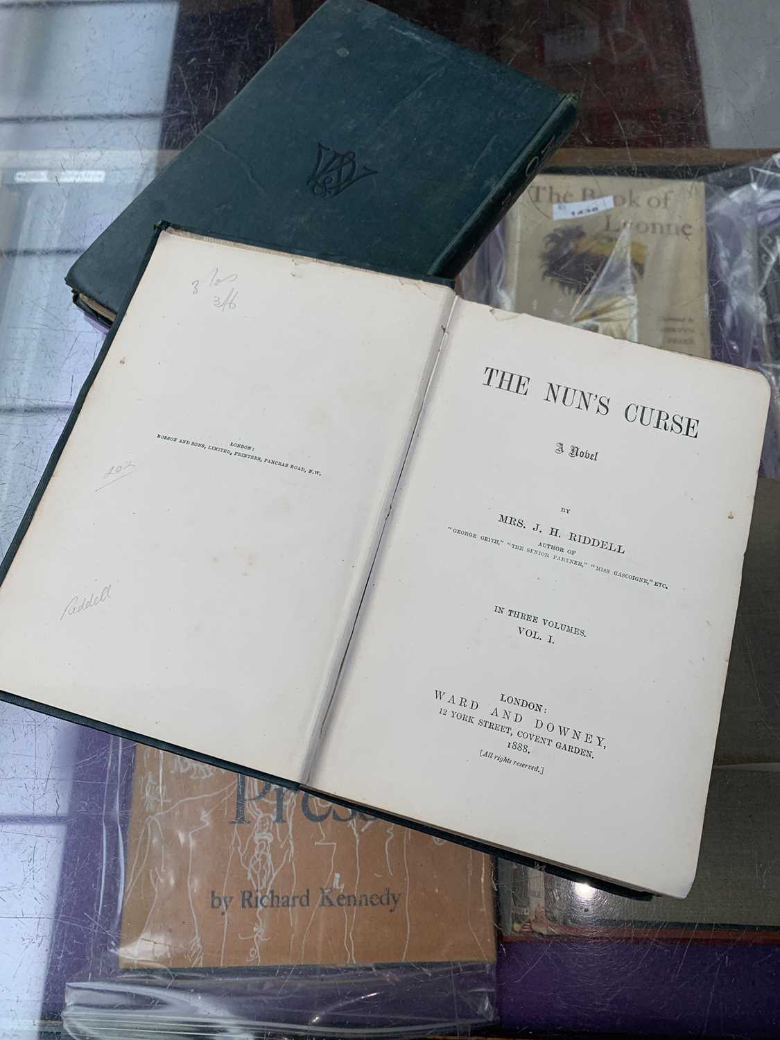 MRS J. H. RIDDELL."The Nun's Curse, A Novel." 3 Vols comp, 1st edn, orig dark green cloth, gt Ward & - Image 4 of 4