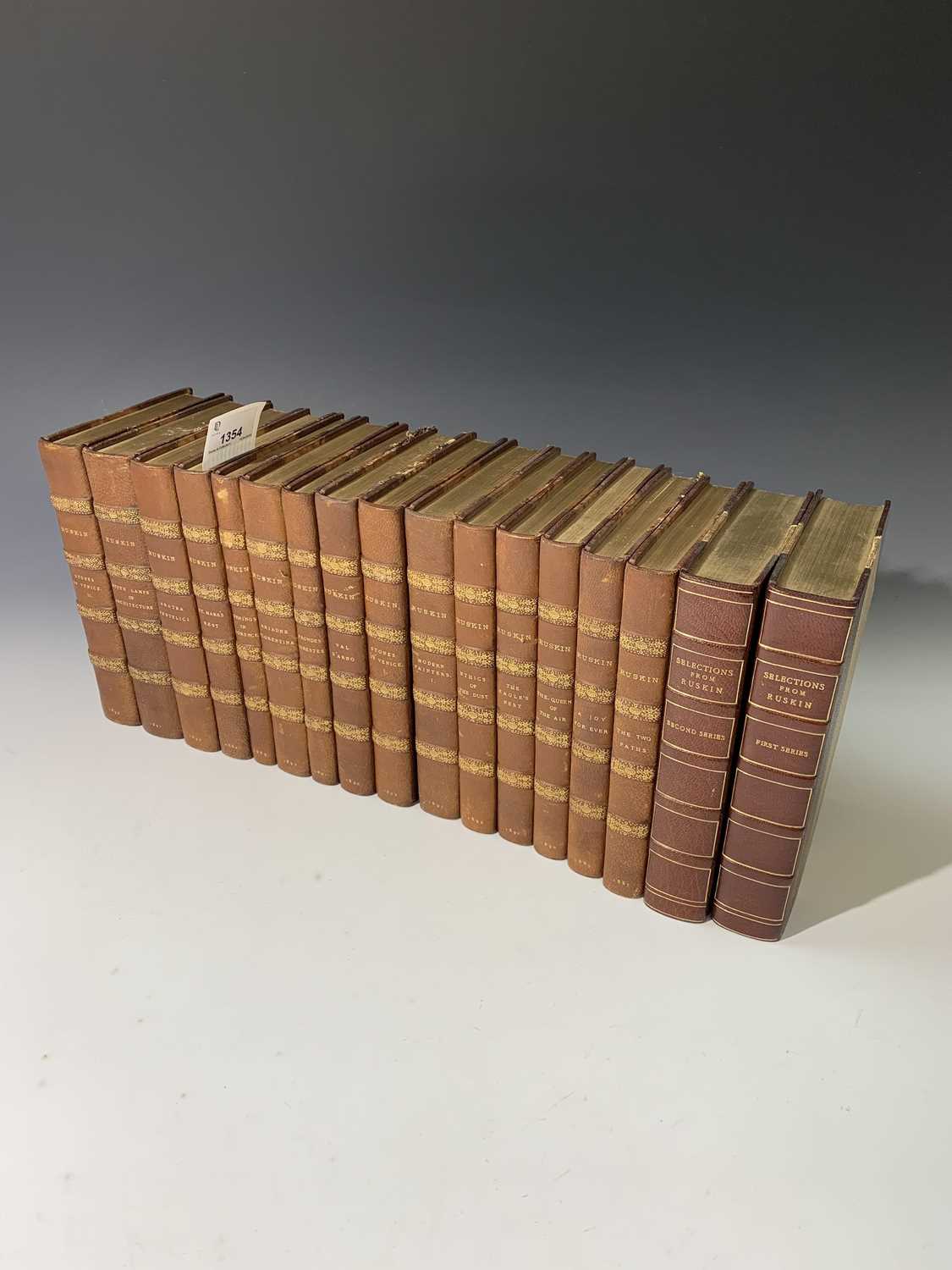 JOHN RUSKIN. "Works." 15 Vols unnumbered, contempory 1/2 Morocco gilt by Stoakley, 1887 - 1892 vg;