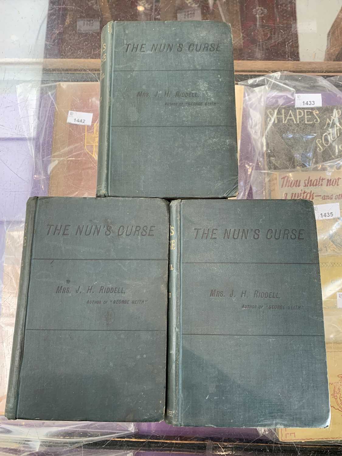 MRS J. H. RIDDELL."The Nun's Curse, A Novel." 3 Vols comp, 1st edn, orig dark green cloth, gt Ward & - Image 2 of 4