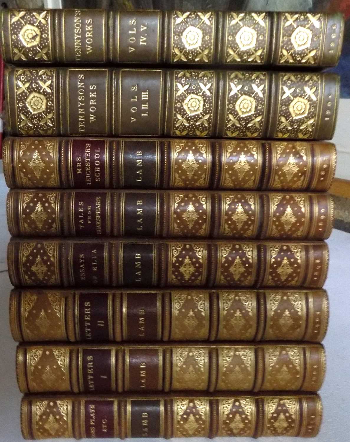 ALFRED LORD TENNYSON. "Works." 5 Vols bound in 2, green calf gilt by Bumpus, aeg, 1906 vg. CHARLES - Image 4 of 6