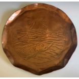 A Cornish art copper tray, attributed to Charles Eustace, decorated with a hake and a