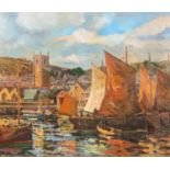 George TURLAND (1877-1947) St Ives Harbour, high tide and the fleet at anchor Oil on panel Signed 50