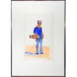 John Miller The Drum Seller, GoaGouacheStamp signed, Michael Truscott signature versoFramed size