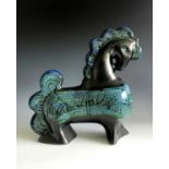 A blue Celtic Pottery horse in Medallion pattern, height 24.5cm.