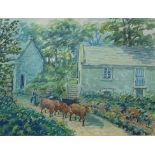 Cornish School, 20th Century Stockman Droving Cattle past Farm BuildingsWatercolour27.5 x