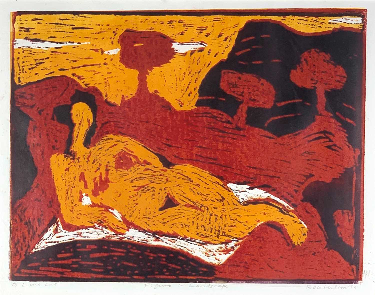 Rose HILTON (1931-2019) Figure in Landscape Linocut Signed, inscribed, numbered 2/10 and dated '93